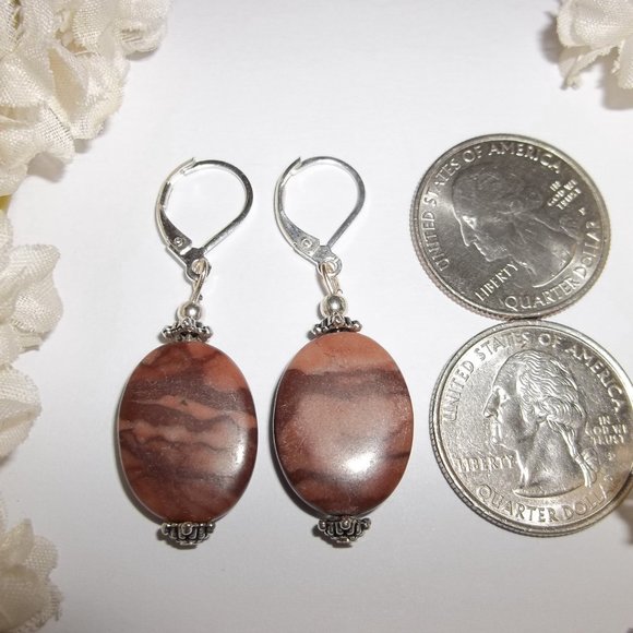 Earring Set Brown Faux Jasper Gemstone Silver Dangle Drop Lever Back Boho 6727 - Picture 2 of 7